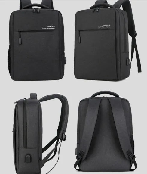 Black waterproof laptop backpack with USB port open, showing padded laptop compartment and internal pockets.