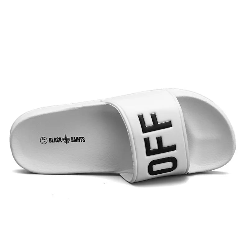 Large size personalised open-toe men's slippers with rubber sole in black and white.