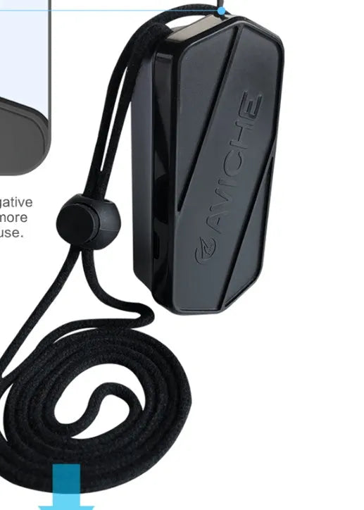Black plastic air purifier necklace unit showing front view with dimensions 80mm long by 37mm wide.