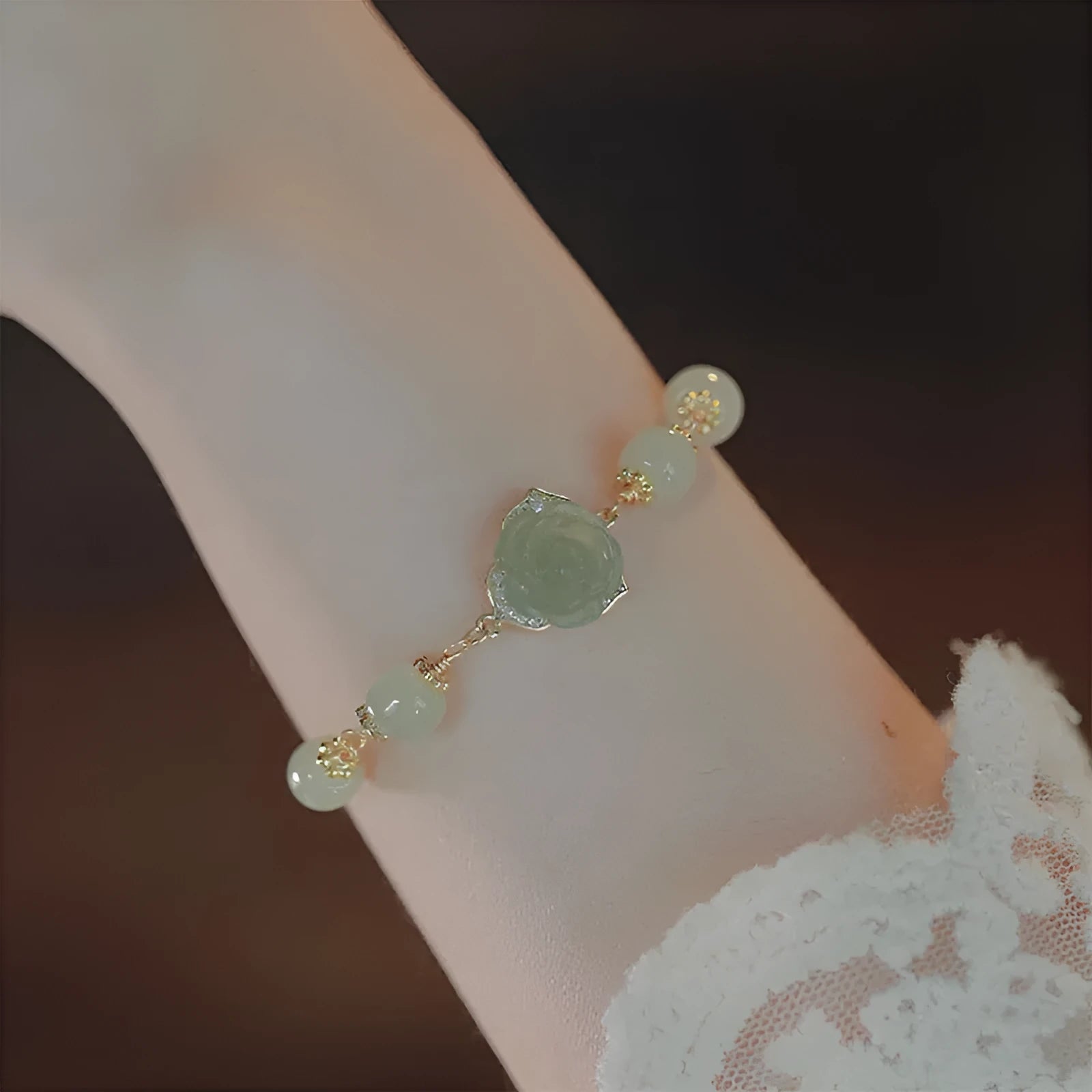Women's Hetian jade bracelet with rose flower design and 14K gold plating