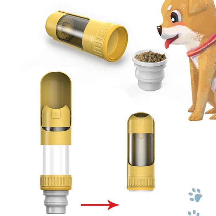 Portable dog water bottle with built-in travel bowl in dark blue, white, or yellow colours