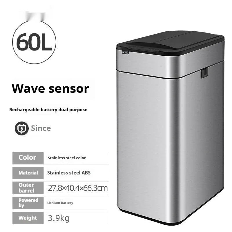 Square inductive sensor bin with automatic lid and deodorant system in stainless steel finish