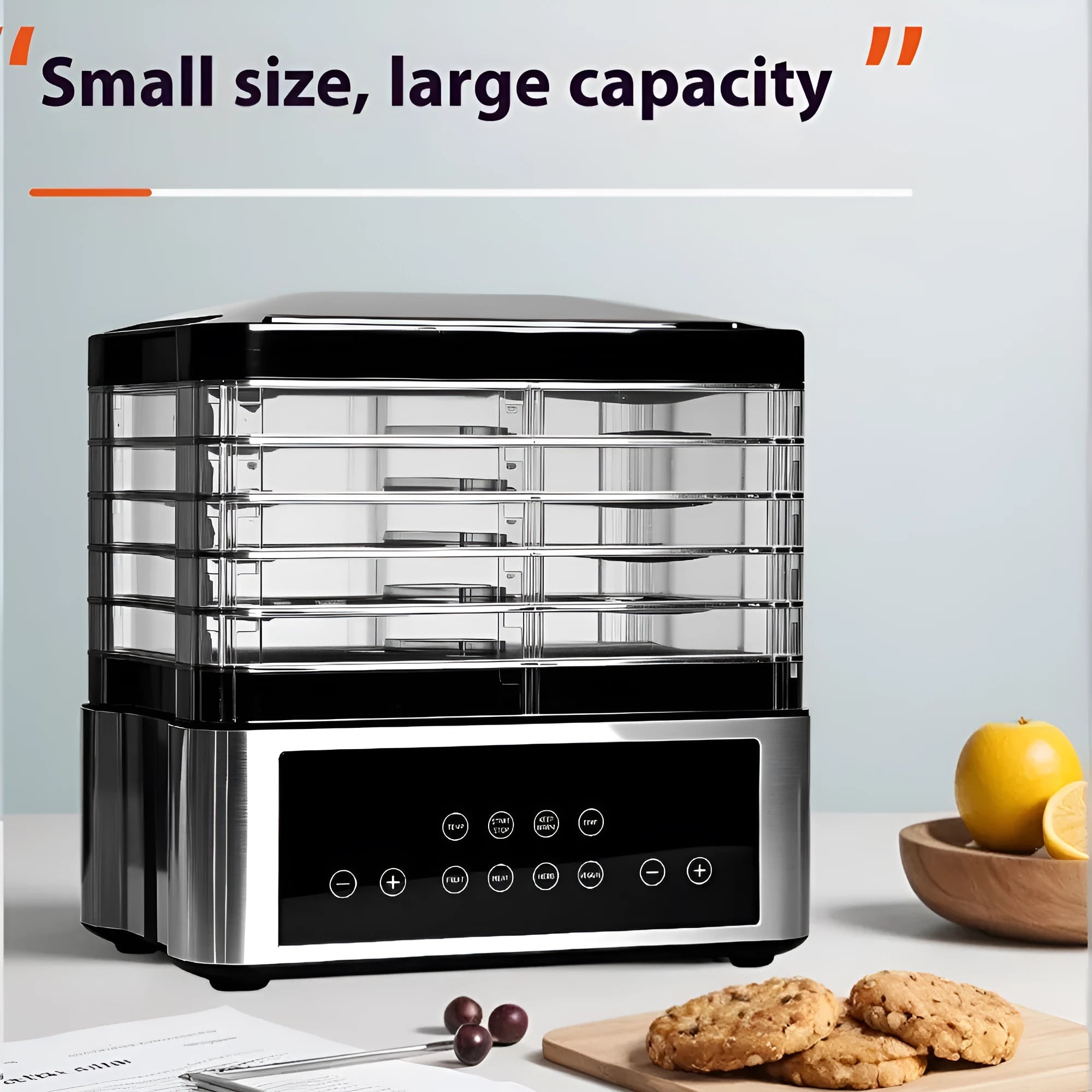 Silver stainless steel fruit dehydrator food dryer with temperature control dial and 14L capacity