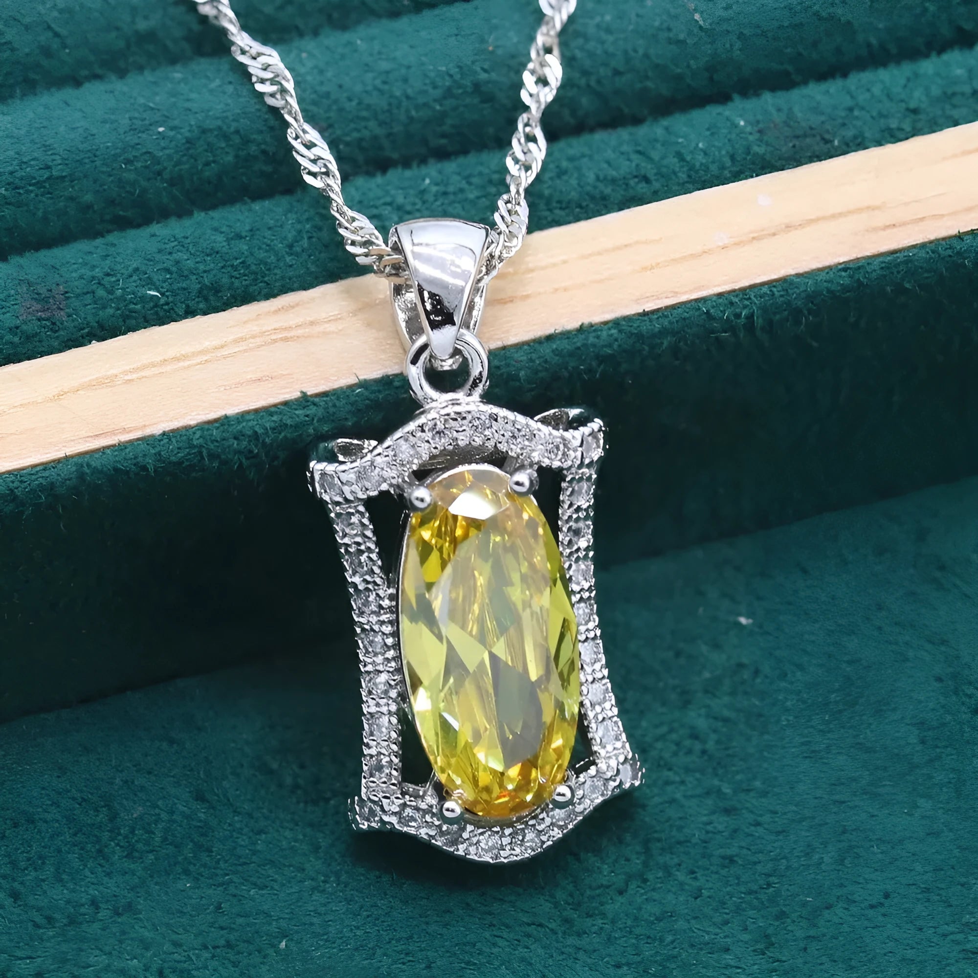 Anti-allergy zircon jewellery set showing matching necklace, earrings, ring and bracelet with snake chain detail