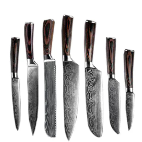 Kitchen chef knife with laser Damascus pattern on 7CR17 stainless steel blade and colour steel handle