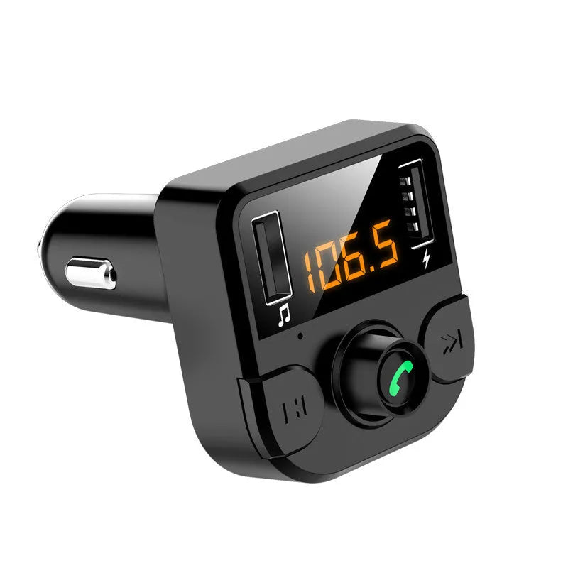 Black BT36B car Bluetooth MP3 player with 1.1-inch screen, plugged into a cigarette lighter.