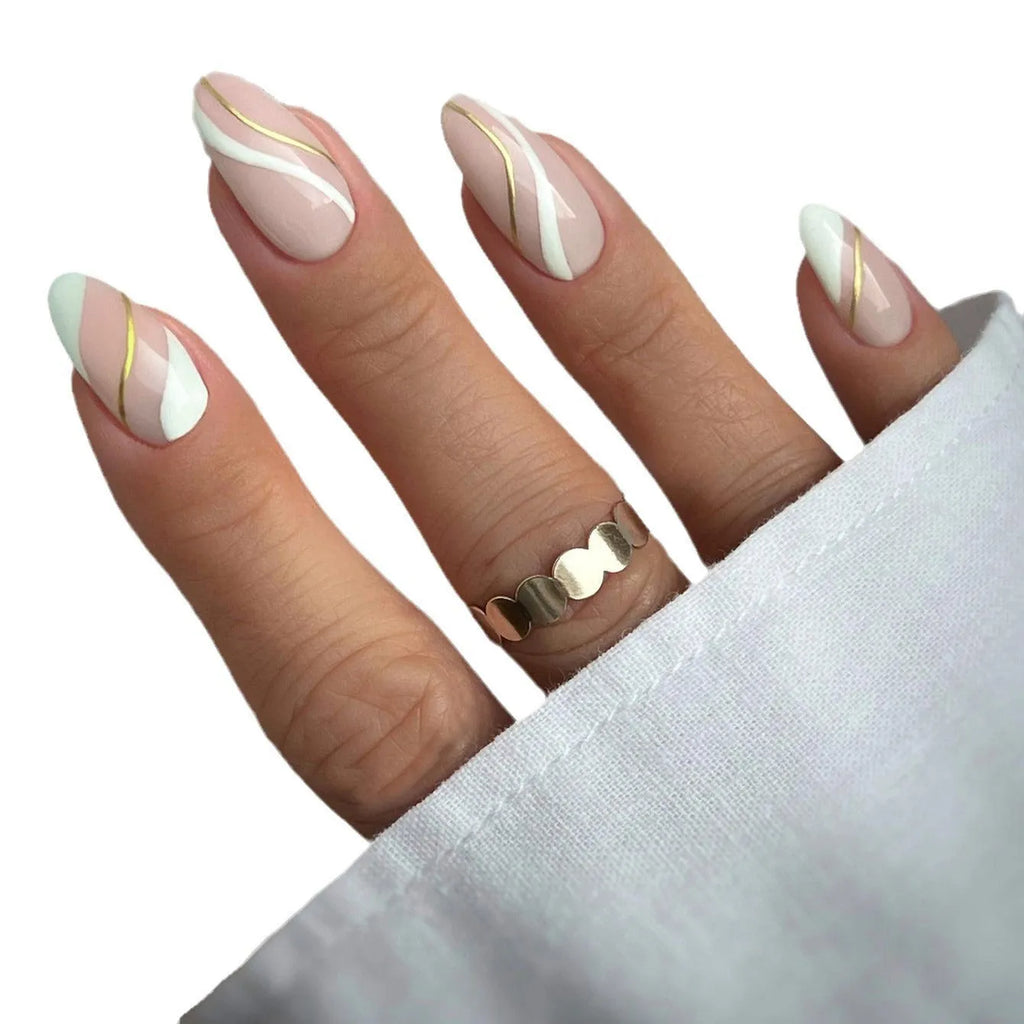 Golden Lines plaid pattern nail stickers in medium drop shape with jelly glue adhesive