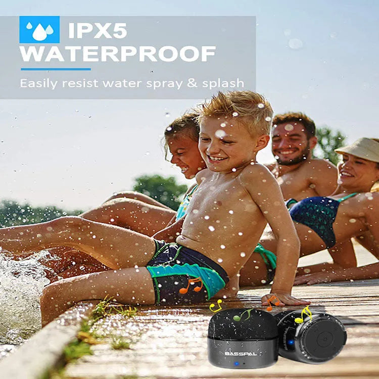 Black portable mini Bluetooth speaker with waterproof plastic casing and button controls