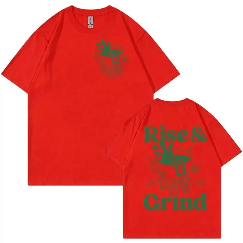 Loose fit black linen t-shirt with green Rise And Grind coffee cartoon print on chest.