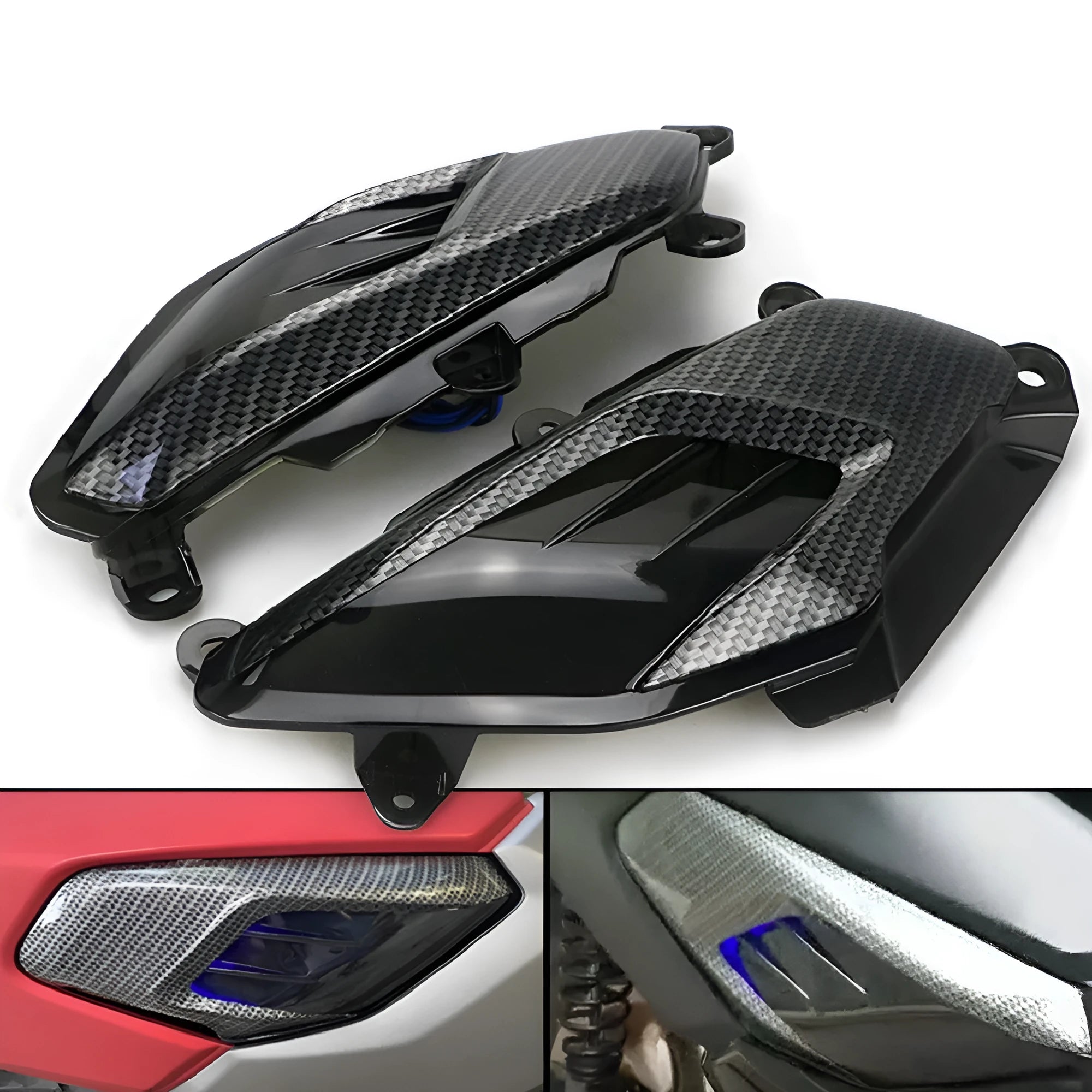 Pair of carbon fibre-style side lamp assemblies for Yamaha NMAX scooters with blue LED illumination option.