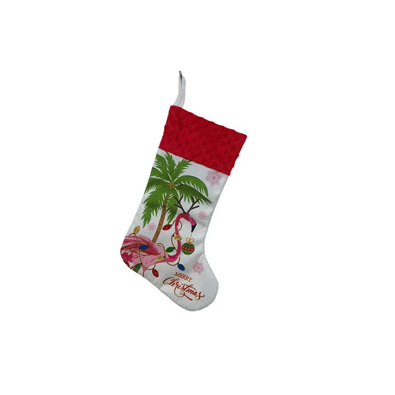 Flamingo Christmas stocking decoration in cloth fabric measuring 46cm by 28cm