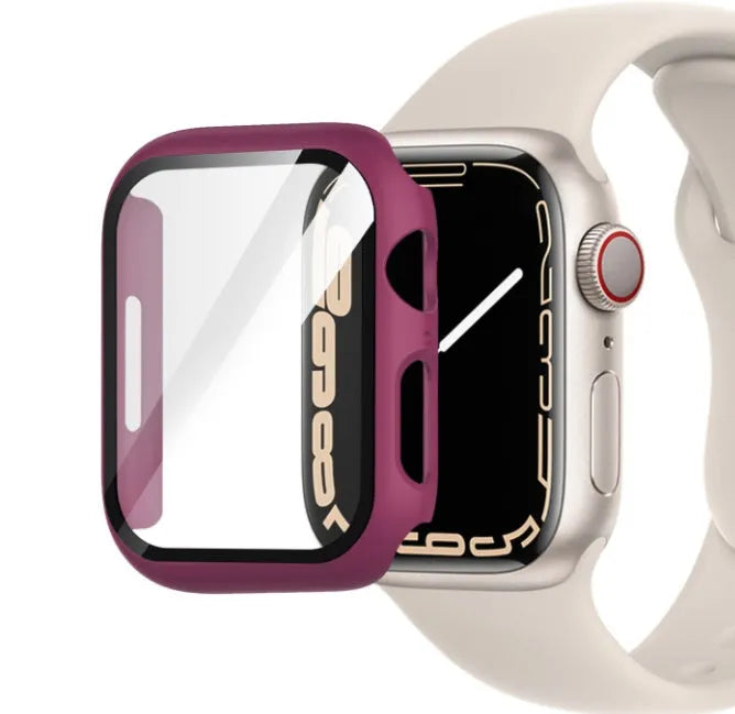 PC tempered film watch case in multiple colours including transparent, leopard print, and carbon fibre patterns for Apple Watch.