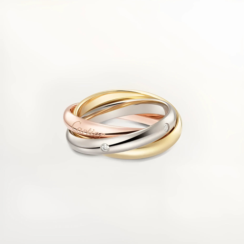 A pair of silver couple rings with full diamond settings, showing U-shaped and geometric band designs on a size 8 finger.