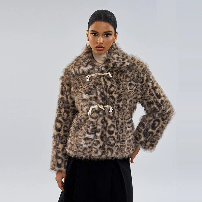 Women's leopard print polyester coat with buckle lapel closure in street fashion style