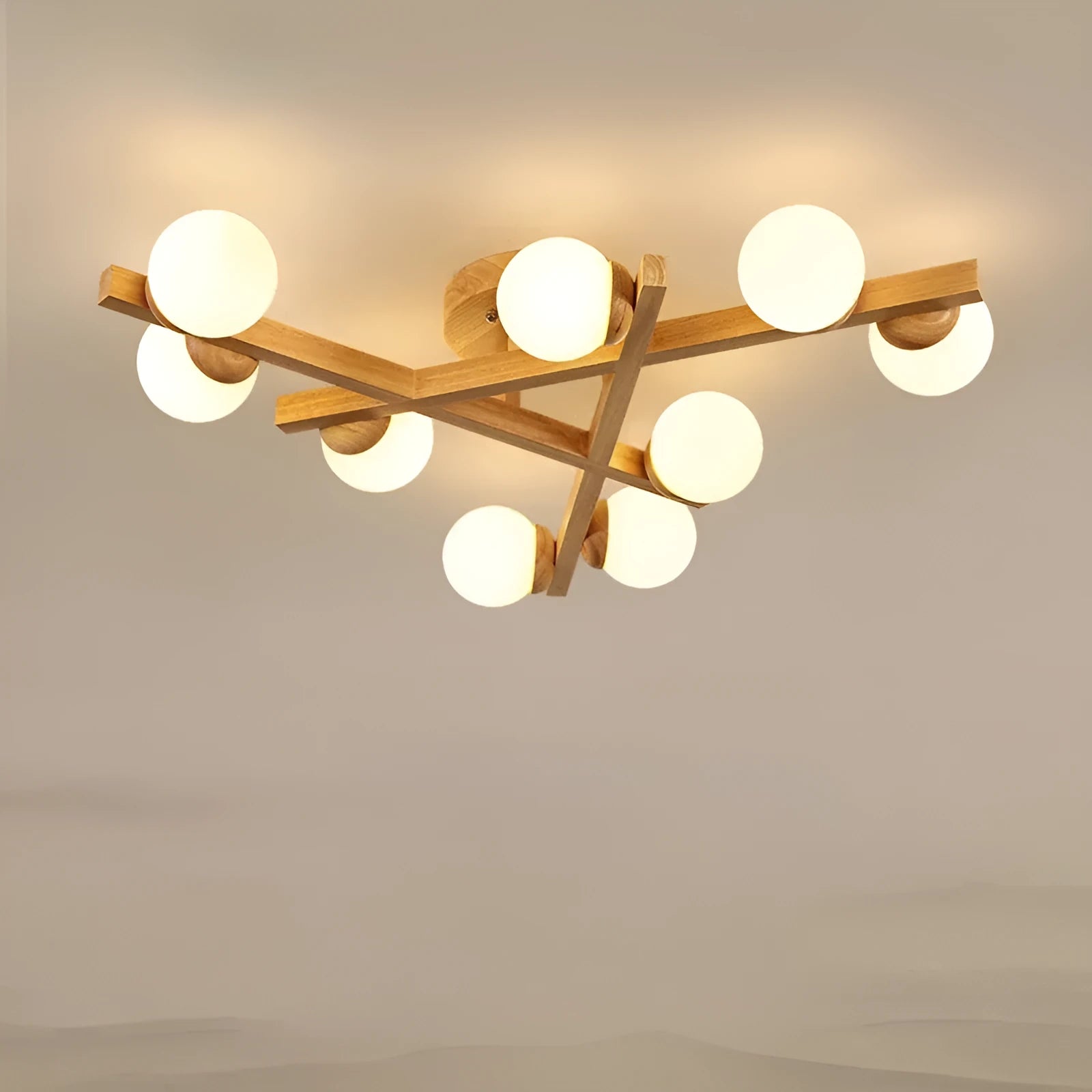 Nordic wooden style ceiling light fixture with three neutral white light heads