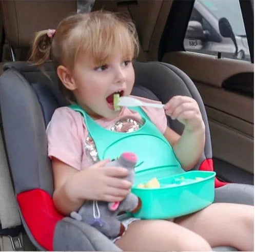 Light green 3D waterproof soft plastic baby bib with widen shoulder strap and five-gear neck adjustment