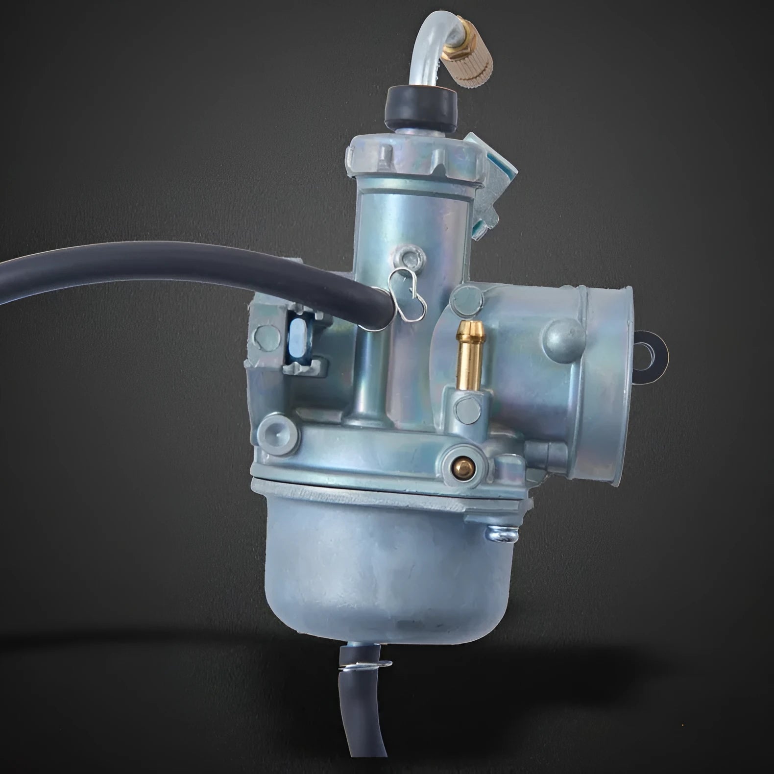 Ba Jia PE26 flat suction plunger motorcycle carburetor assembly isolated on white background.