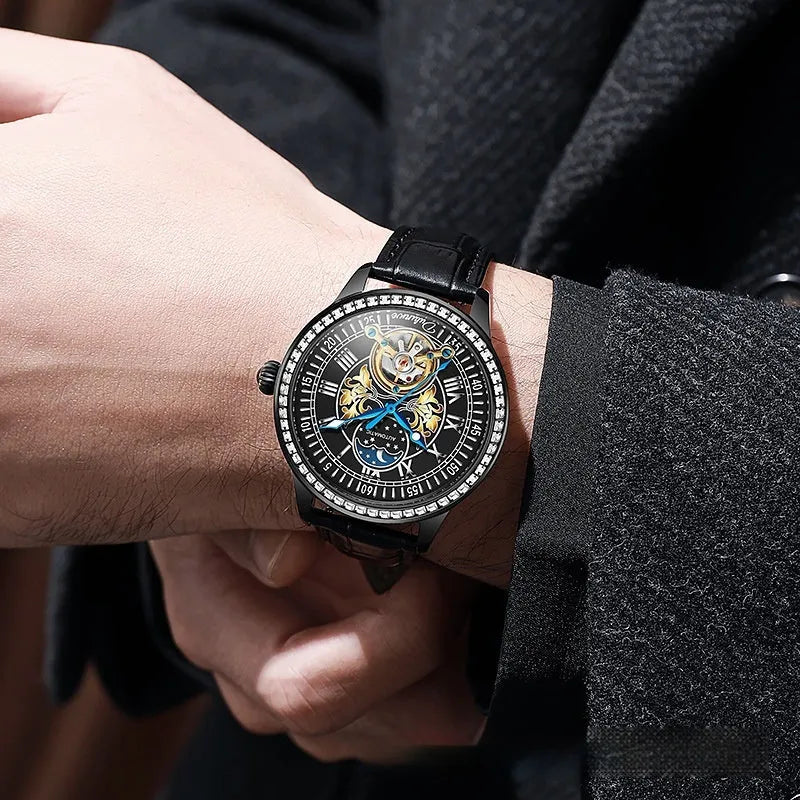 Men's stainless steel mechanical watch with round dial, transparent case back, and butterfly buckle