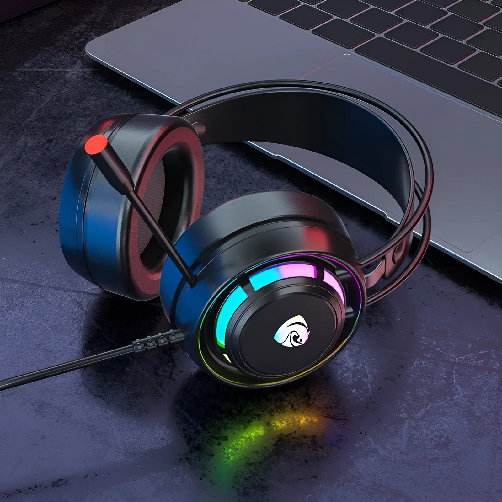 Black wired computer gaming headset with microphone showing 2.2 metre cable and sponge ear cushions