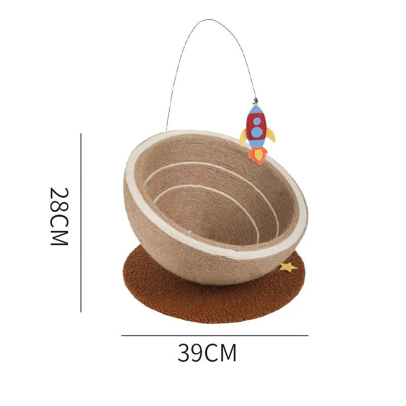 Large cat scratching board with integrated flannel-lined bed in starry sisal nest design