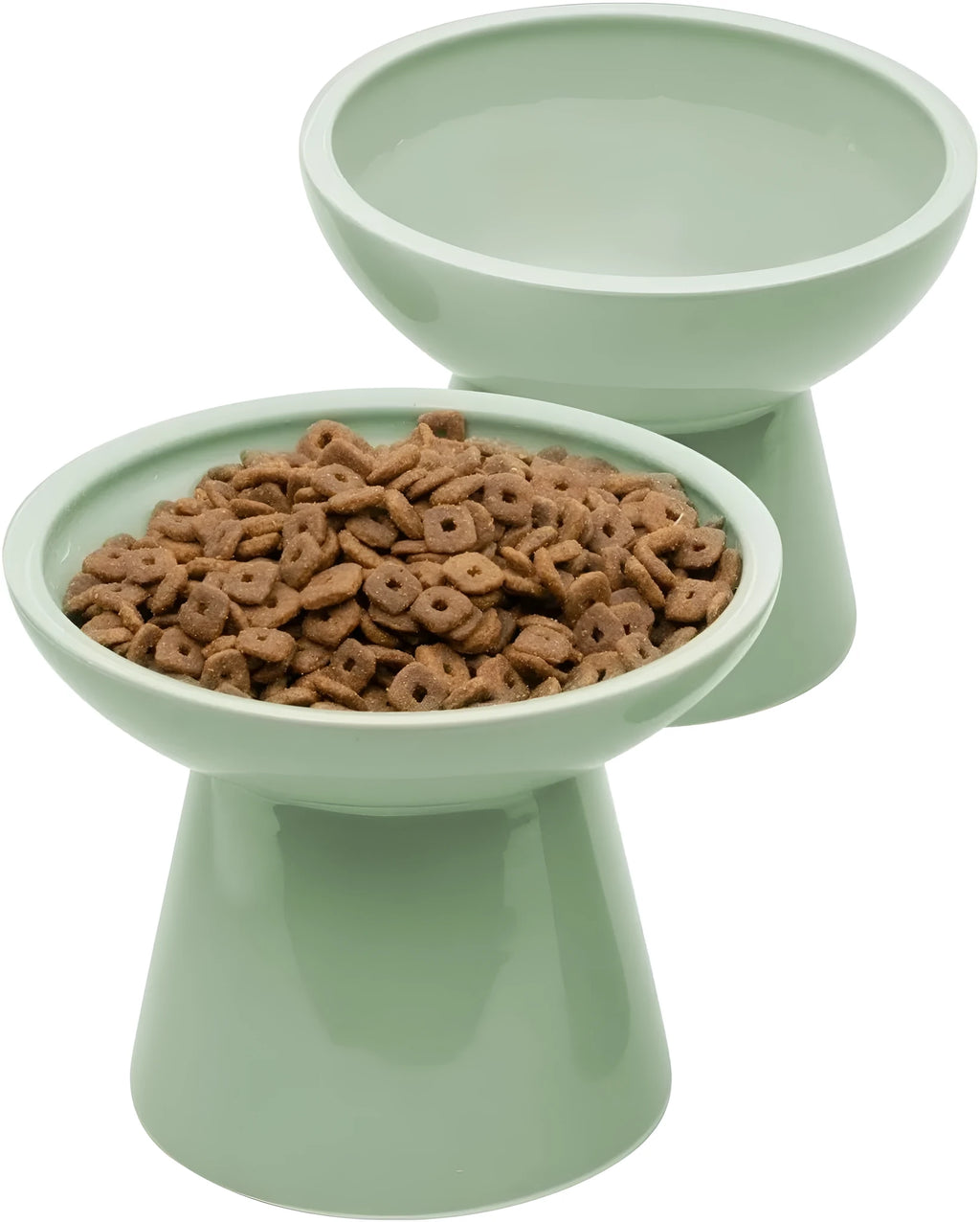 Extra wide elevated ceramic cat food bowl in blue green pink or white with shallow 16cm dish for whisker fatigue relief
