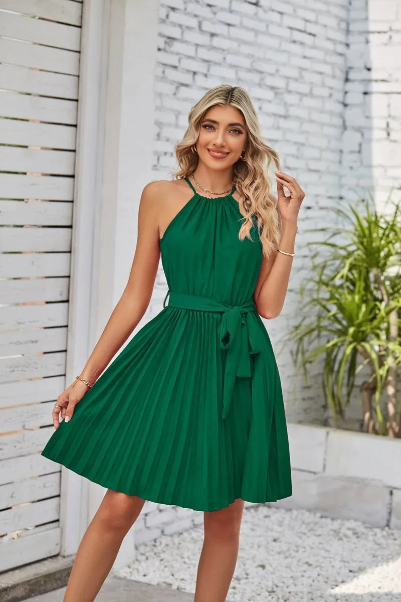 Women's black halter-neck strapless chiffon dress with pleated midi skirt and adjustable waist belt