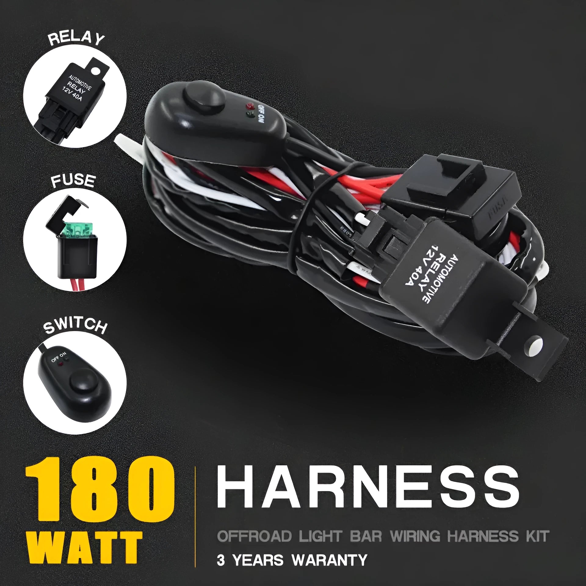 Automotive LED work light wiring harness with 2 metre silicone cable and contact parts