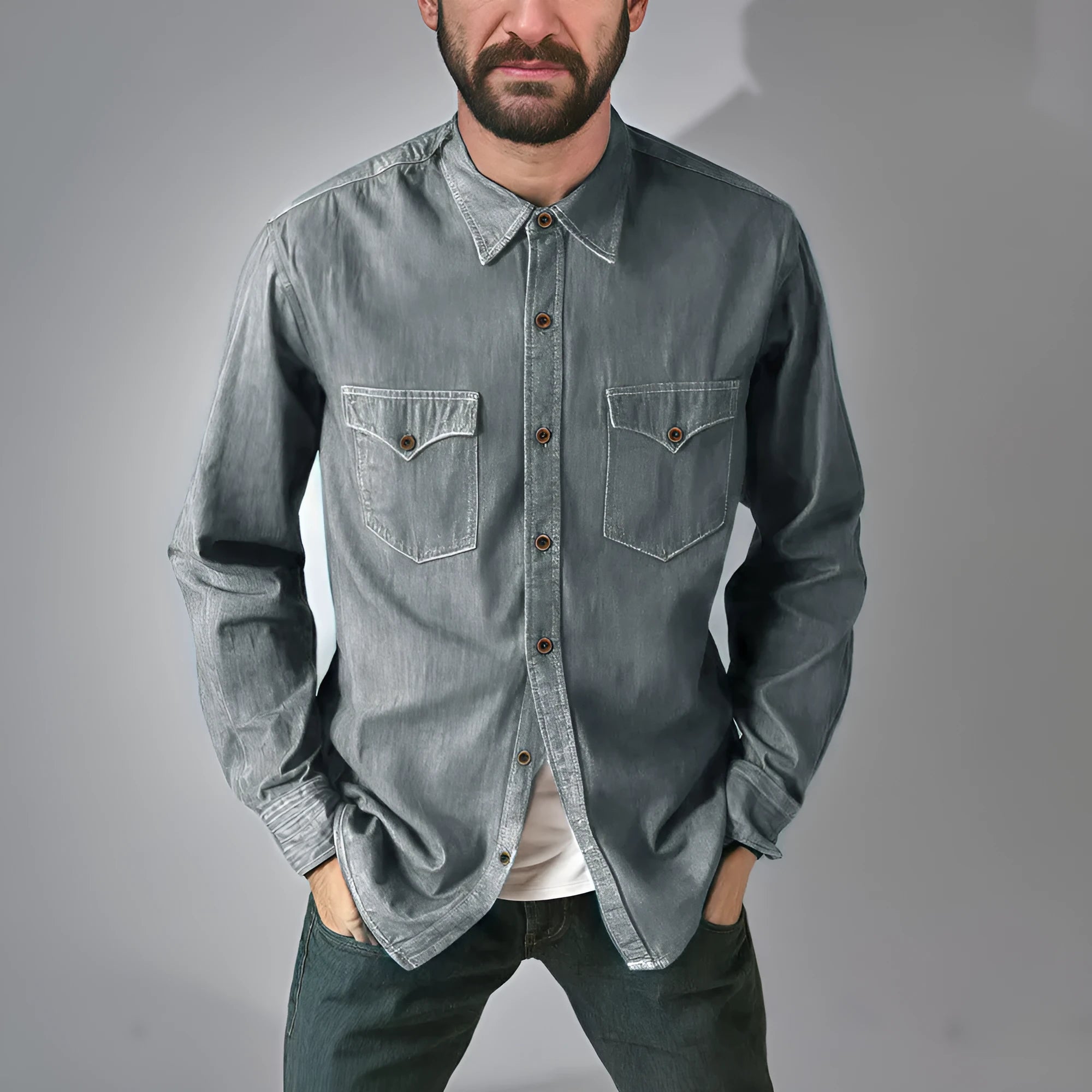 Denim cardigan coat in cotton fabric showing regular fit design