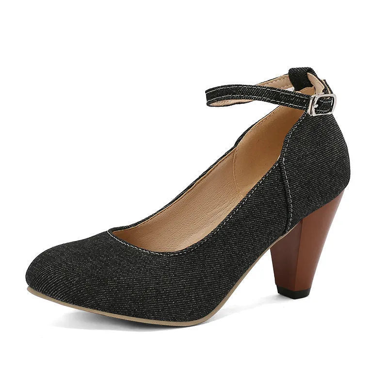 Blue denim women's high heel shoes with a buckle strap and thick waterproof platform sole.