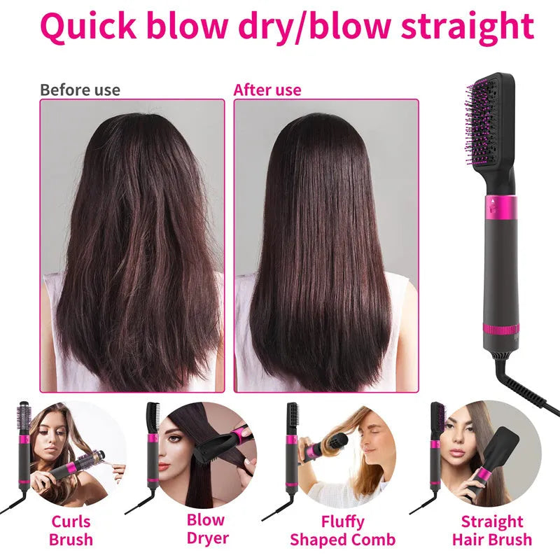 Dyson grey 5 in 1 hair dryer brush styling tool with multiple brush attachments on white background