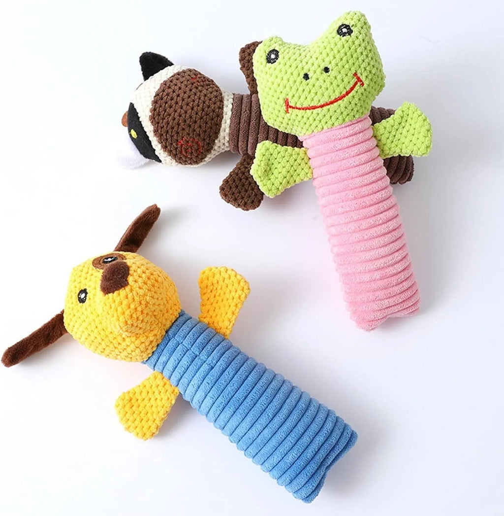 Soft plush dog chew toy in calf, frog, or puppy design with squeaker for dental care