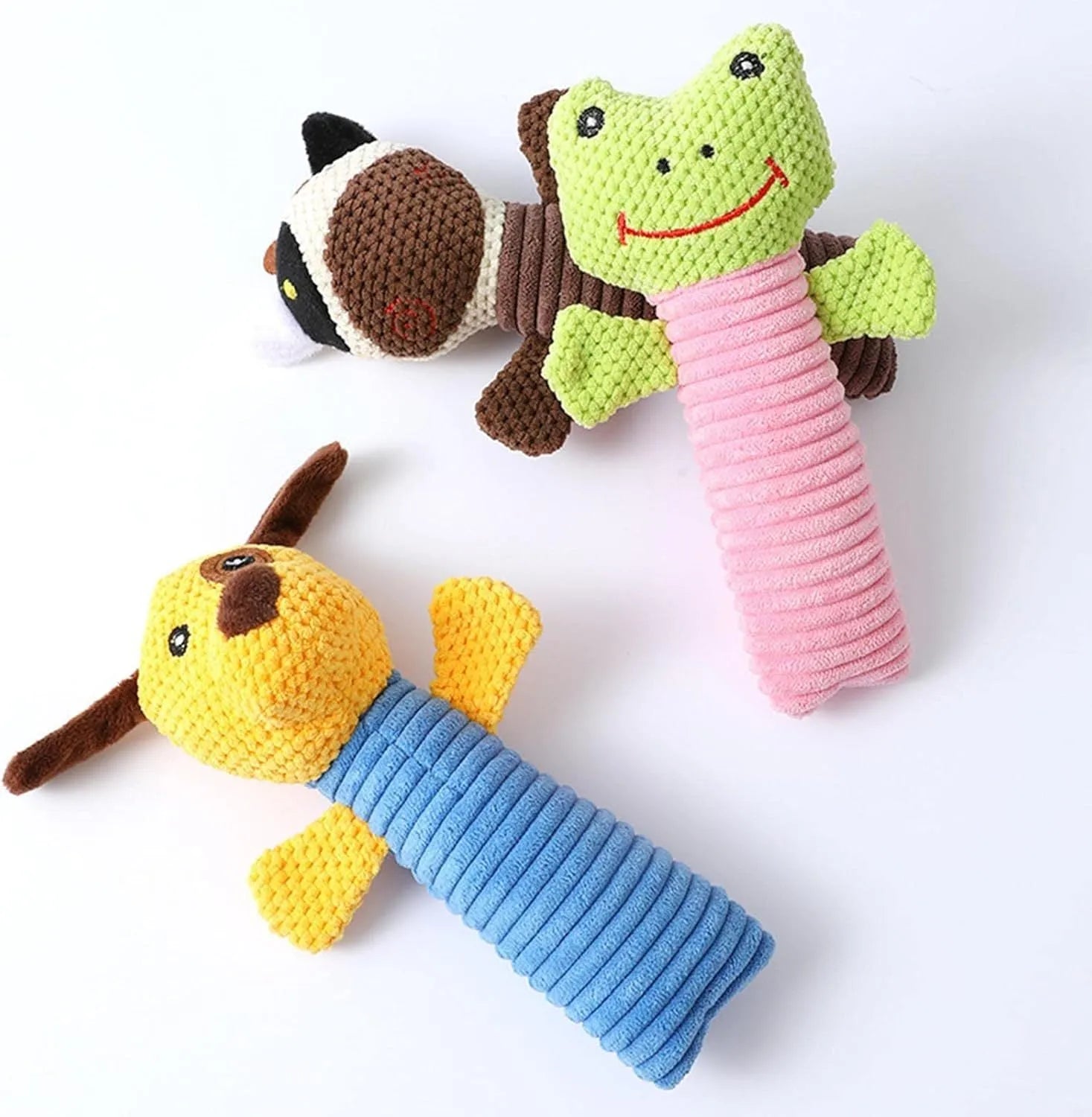 Soft plush dog chew toy in calf, frog, or puppy design with squeaker for dental care