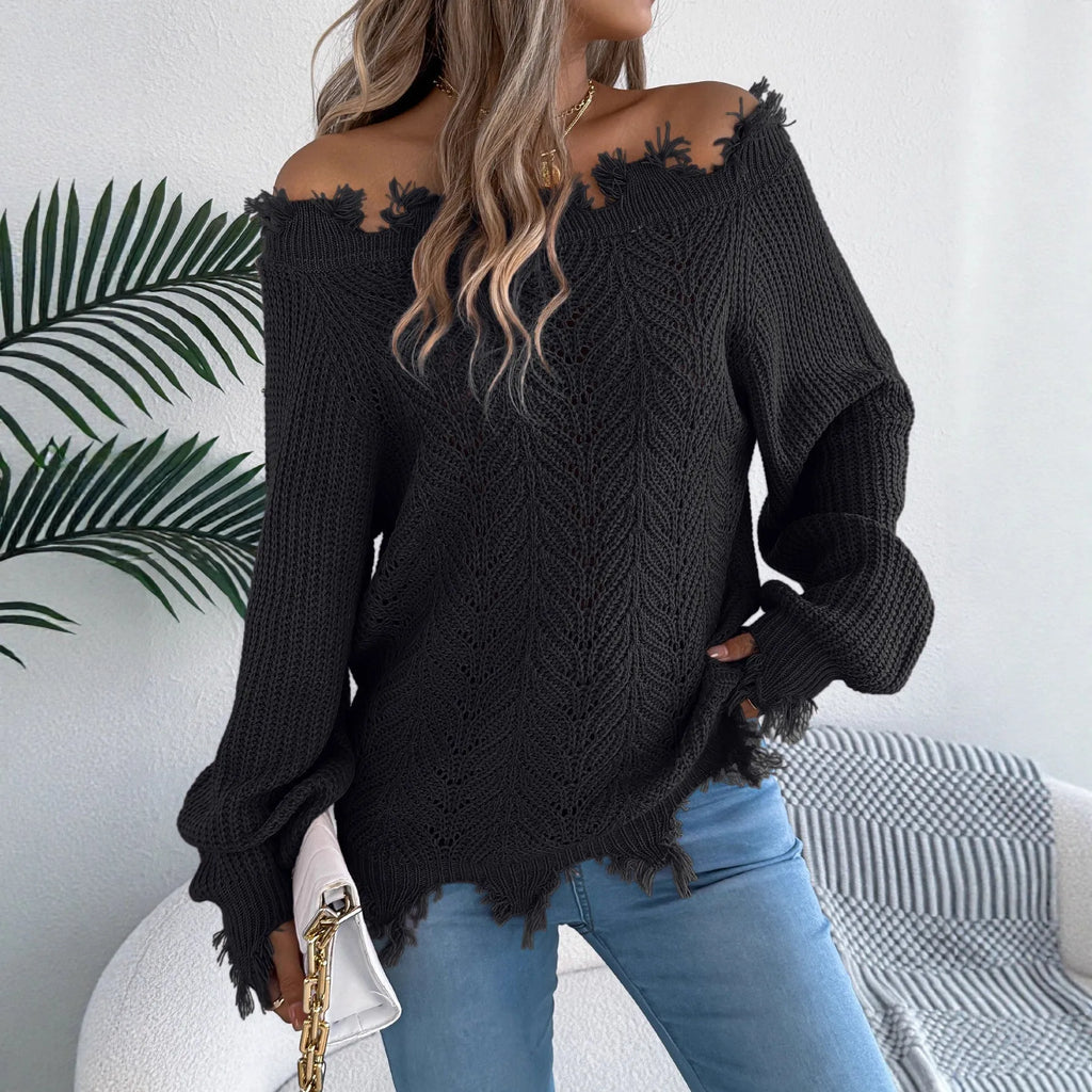 White hollow-out cut-off shoulder pullover sweater with long sleeves on hanger