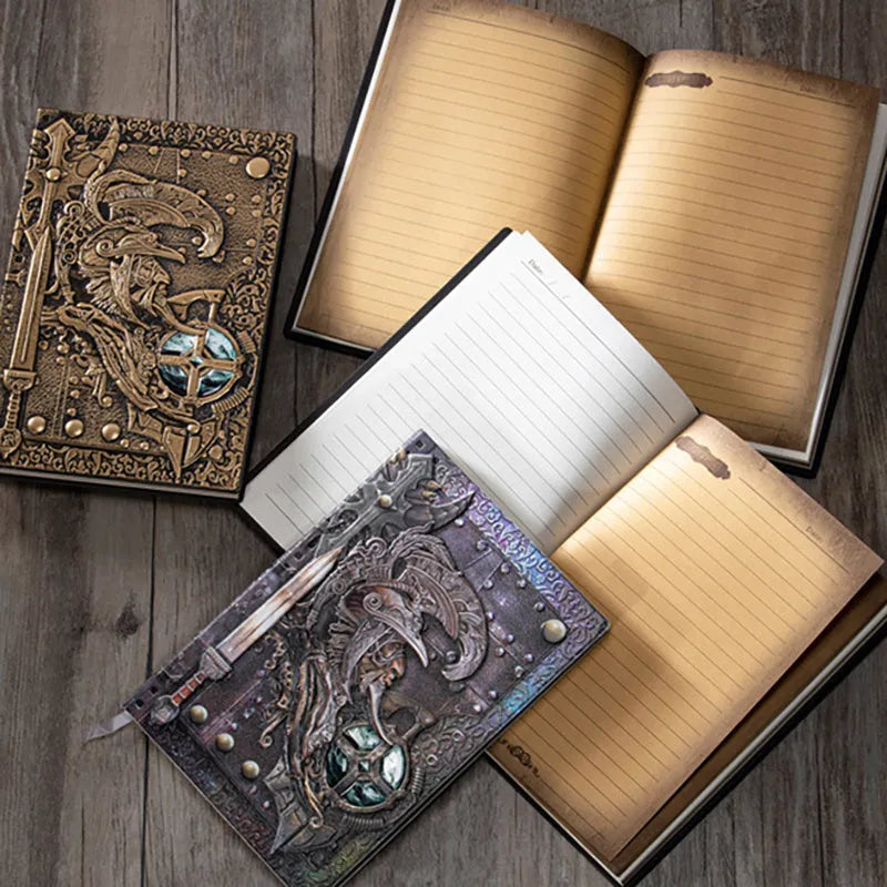 A5 leather notebook with embossed 3D warriors design on the cover.