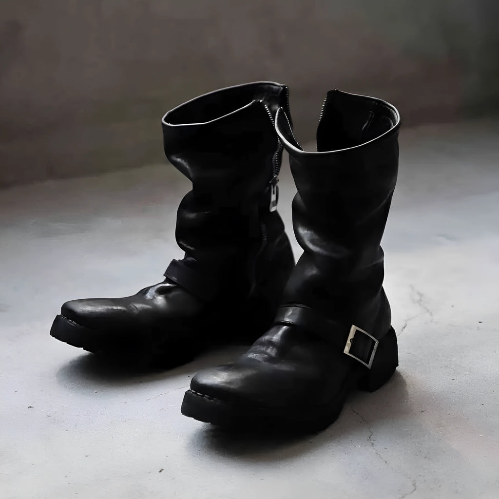 Men's black retro Martin boots with side zipper and round toe on microfibre upper
