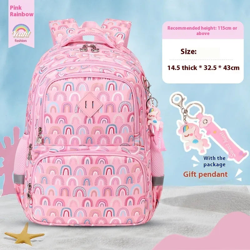 Blue dinosaur pattern children's waterproof school backpack with curved straps on a white background.