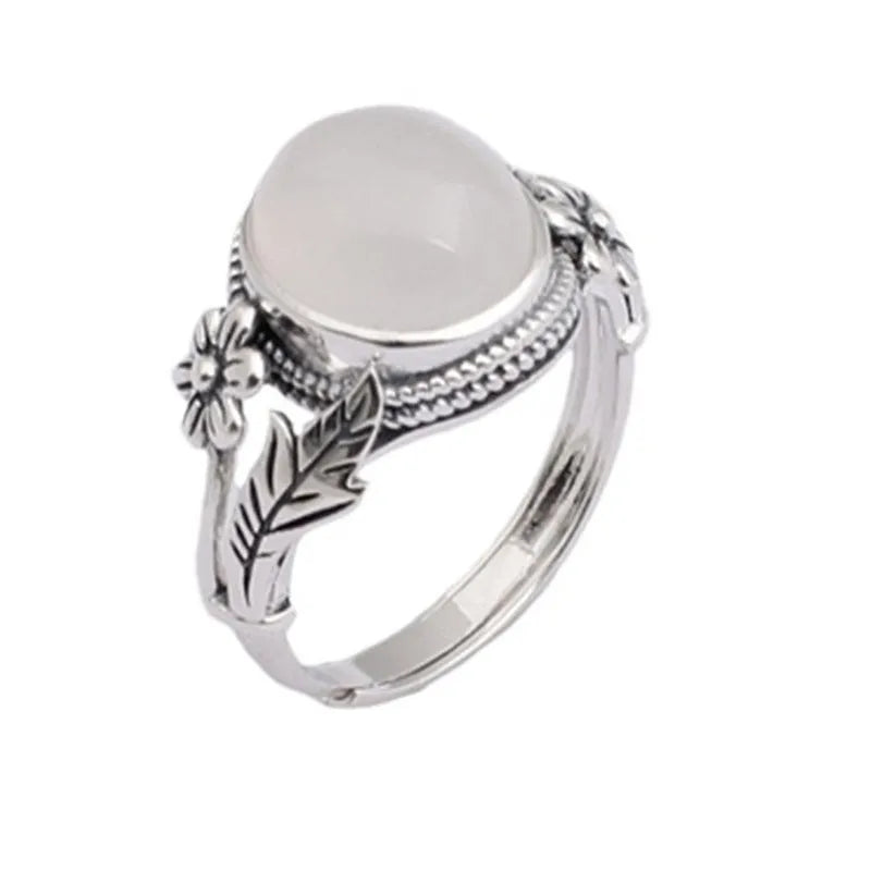 Adjustable copper vintage ring with U-shaped open mouth design and imitation white chalcedony stone