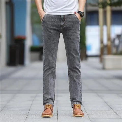 Men's smoky gray low-waist straight-leg jeans made from elastic rabbit fur fabric with a zip fly.