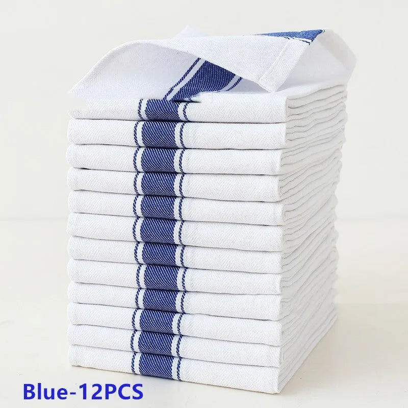 Set of twelve cotton dishwashing towels in striped pattern, each measuring 48 by 70 centimetres.