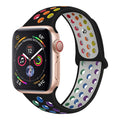 Silicone sports wristband strap with single buckle in black, rainbow, and white colour options showing 38x40mm and 42x44mm sizes