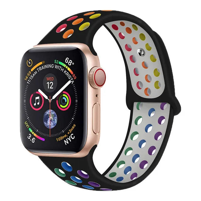 Silicone sports wristband strap with single buckle in black, rainbow, and white colour options showing 38x40mm and 42x44mm sizes
