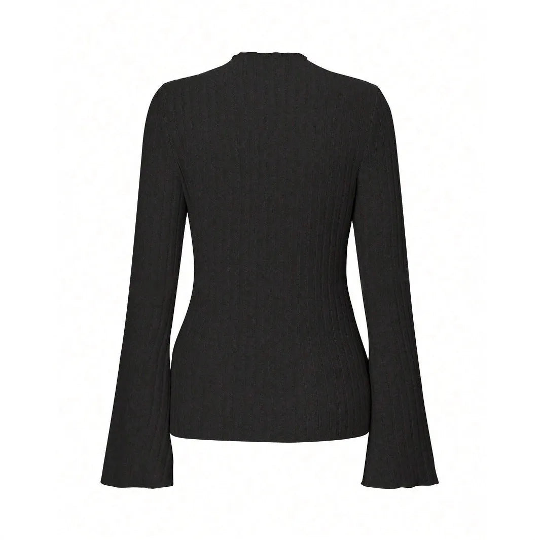 Black long sleeve round neck top with lantern sleeves and slim fit silhouette