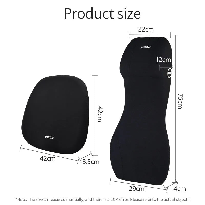 Integrated automotive memory foam seat cushion and headrest lumbar support pillow in various colours.