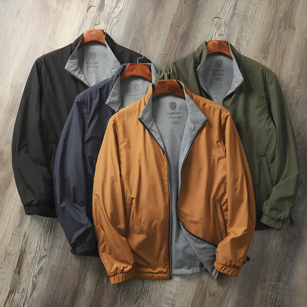 Men's stand collar simple jacket in a polyester blend fabric shown in Army Green colour.