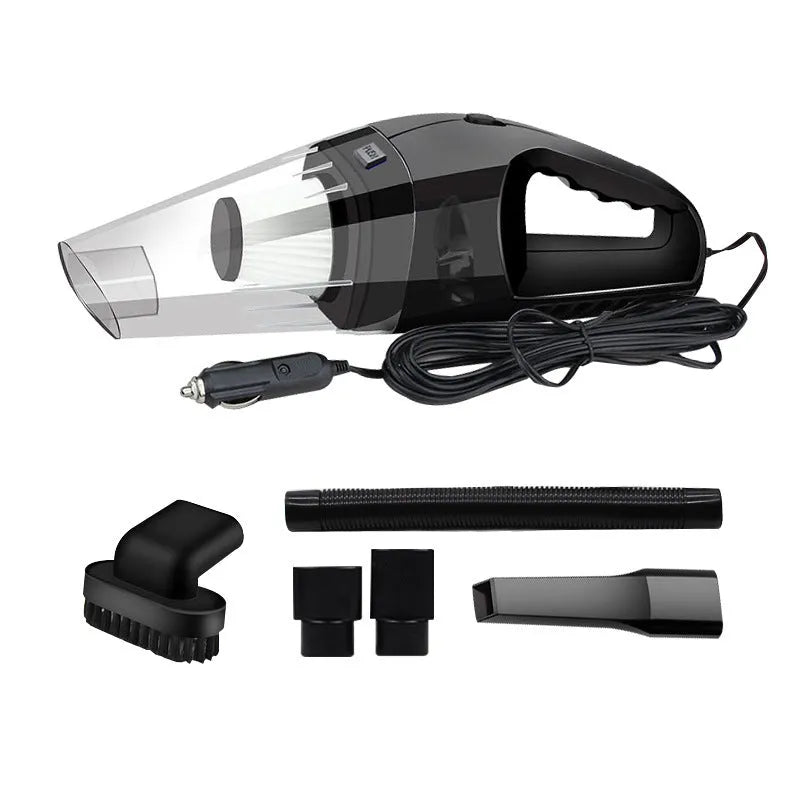 Orange, black, and blue 12V portable handheld car vacuum cleaner with nozzles.