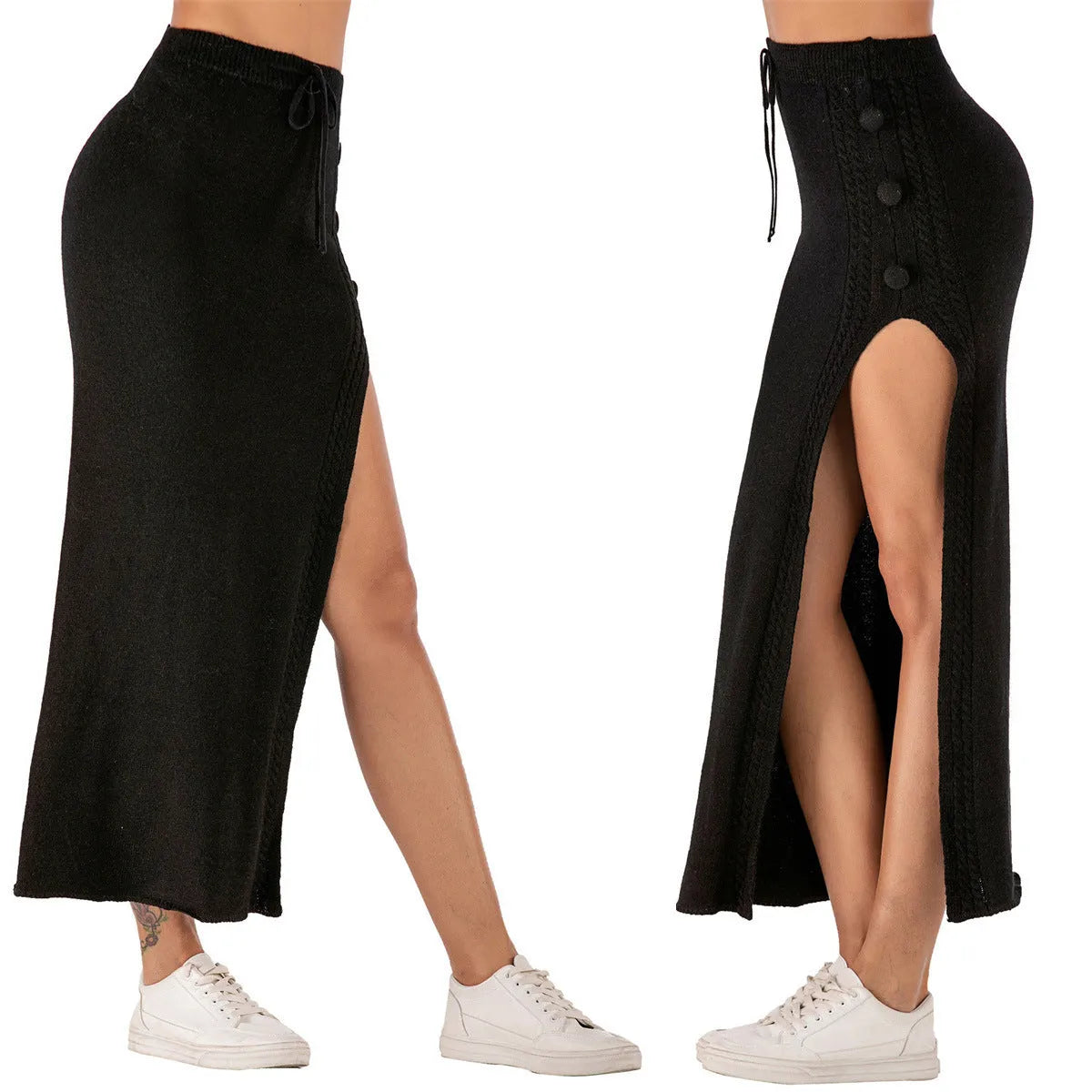 A woman wearing a slim-fit, mid-length black acrylic skirt with a subtle side split.
