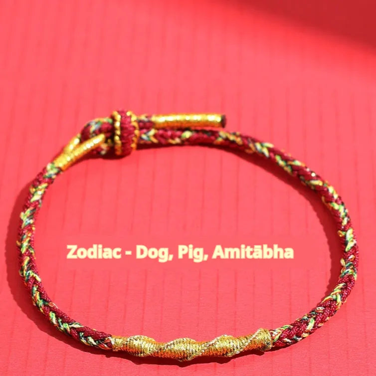 Adjustable eight-strand woven hand strap in zodiac colour theme with traditional pattern