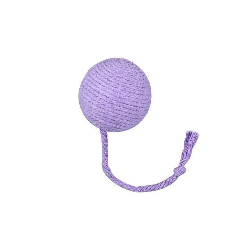 Interactive cat toy ball with rope attachment and built-in bell in green, pink, purple and yellow colours