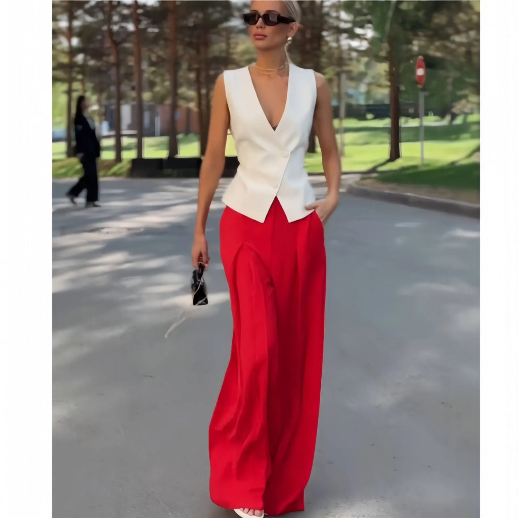 Women's beige polyester two-piece set with deep V-neck sleeveless top and high-waist wide-leg trousers