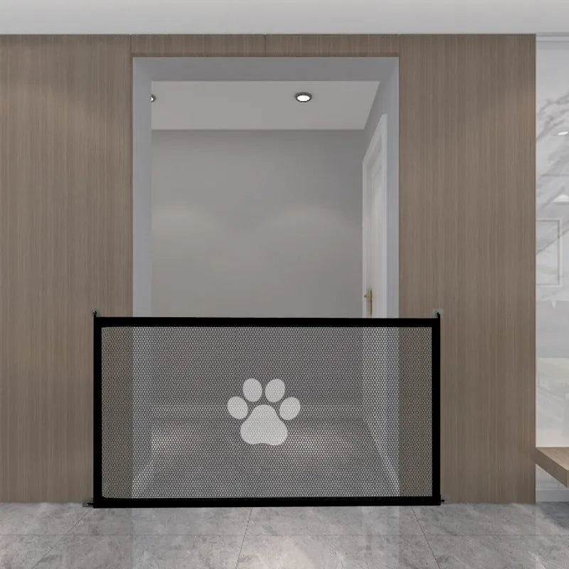 Portable folding cloth dog barrier net with pet doorsill design, shown in large and small size options.